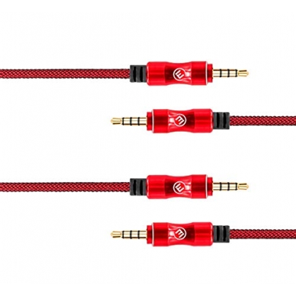 Cable Auxiliar Jack Audio Stereo Macho 3.5mm 4 Polos (Micrfono + Auriculares) en Nylon [2x1M] EVOMIND para Smartphone, automvil, Auriculares, Tableta, Ordenador, Cadena Hi-Fi, y Otros - 2x1M Roja